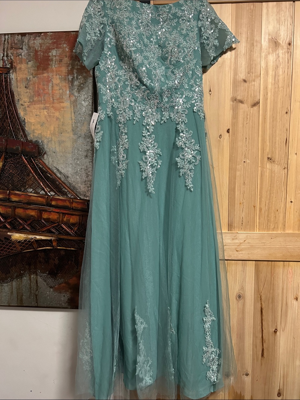 Elegant Teal Lace Appliqué Corset/zipper back Evening Dress
